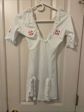 White Lace-Trim Mini Dress - Nurse Patch Accent